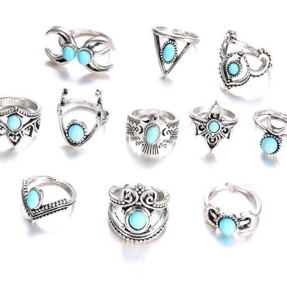 NEW TURQUOISE STACK BOHO VINTAGE STYLE RING SET